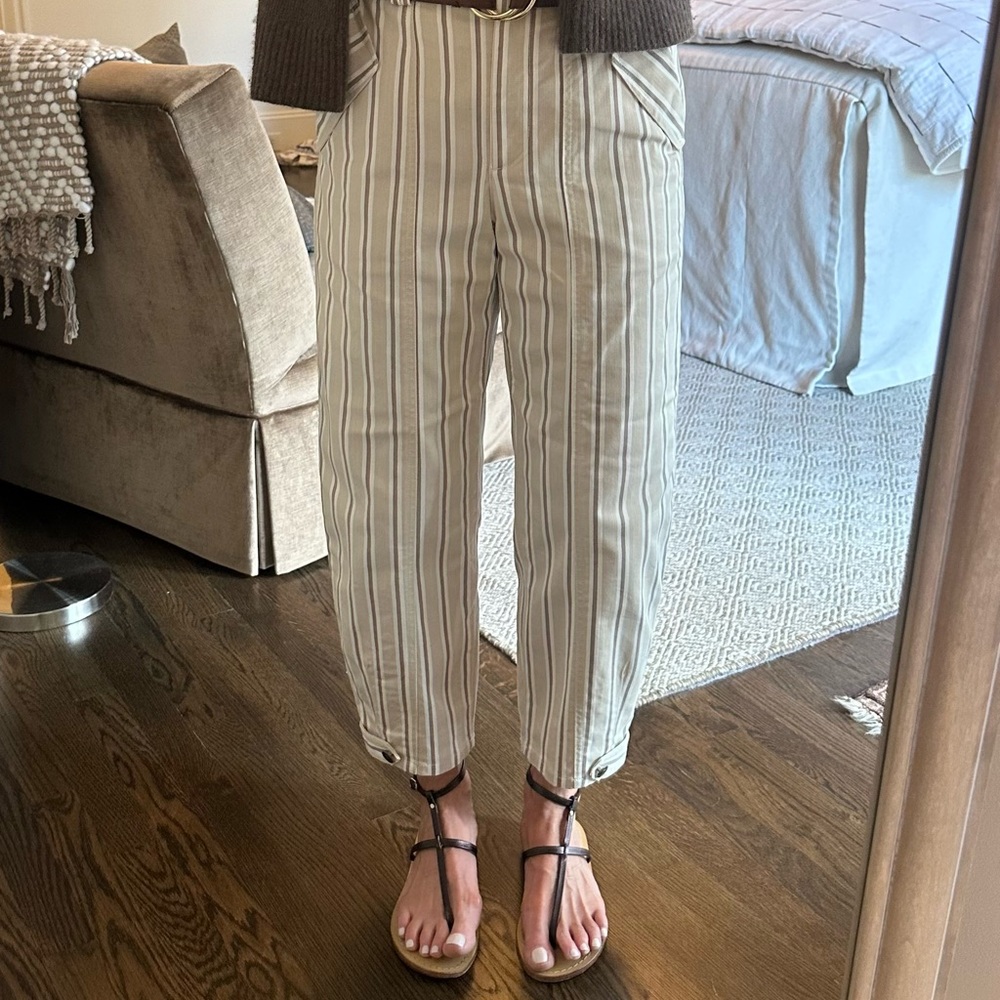 Pearl by Lela Rose Beige and White Striped Slim Barrel Leg Chinos - Picture 2 of 12